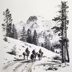 the group of people are riding their horses through the snow