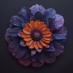 an orange and purple flower sitting on top of a black surface
