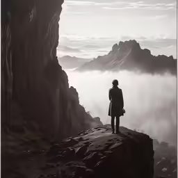 a person is standing on the edge of a mountain
