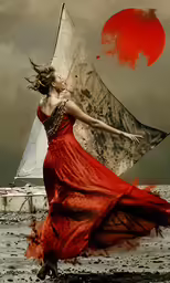 a woman in a long dress and umbrella running along the beach