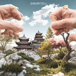 hands are over a small landscape with rocks and trees