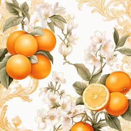 a painting depicting a bunch of oranges with white flowers,a painting with oranges and flowers in it
