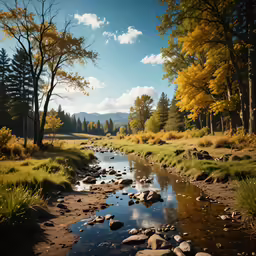 some rocks and water in the middle of a grassy field