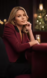 a woman is wearing a red jacket and sits in a chair