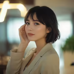 a woman wearing a suit is looking in the mirror