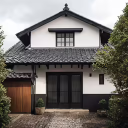 a white house with black windows next to a bunch of trees