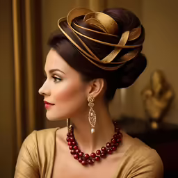 a woman is wearing a gold and burgundy dress