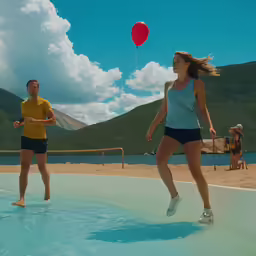 two people who are jumping in water with a red ball