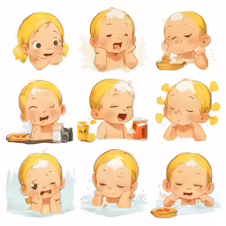 a baby in different positions and eating some food