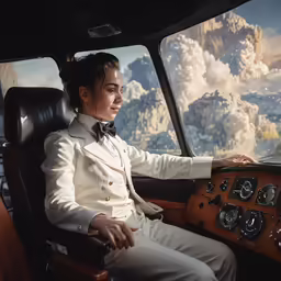 the young man in the tuxedo looks out from the cockpit of the plane