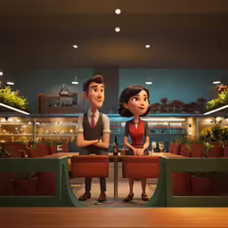 a couple sitting at a table with two chairs