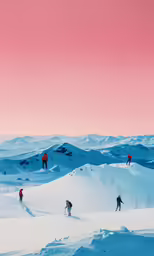 people skiing on a mountain covered in snow under a pink sky