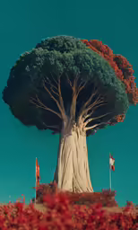 an unusual tree with several flags stuck on it