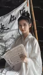 the young woman in white is holding up an oriental book,woman in an asian clothing reading a song with a boat in the background