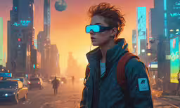 the man in the street wearing a blue glasses with an eye patch,a woman wearing glasses that are on a city street