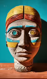 a clay sculpture with painted eyes and some sort of head