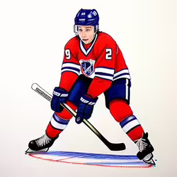 a drawing of a hockey player wearing a red uniform and holding a black hockey stick
