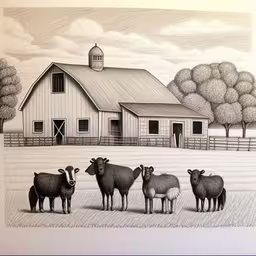 a drawing shows three sheep standing in front of a barn,a group of sheep standing in front of a barn