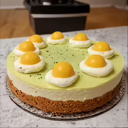 a cake with seven eggs in the center