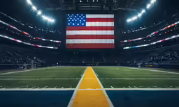 an american flag is shown in the middle of an empty football stadium
