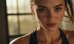 a woman with light makeup, her hair in a ponytail