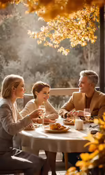 a group of people sitting around a table eating food