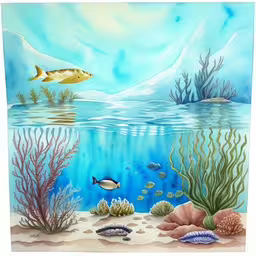 there is a painting of fish in the water,a painting on paper depicting different types of seaweed,a painting of fish swimming over an ocean with a rock under the water,a picture of some water with fish on it,a painting of an underwater scene with fish and corals