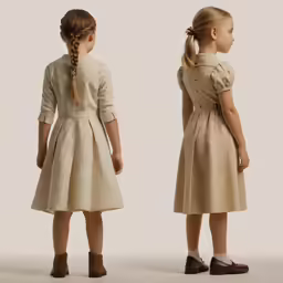 a young girl in beige dress standing up with her hands on her hip and looking back at