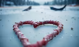 a heart shape made of meat on the snow covered ground