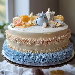 the cake has many blue decorations around it