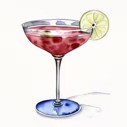a painting of a martini sitting on top of a table,this painting depicts a blood orange martini garnished with lemon wedges