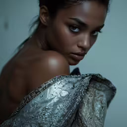 a beautiful woman standing in a metallic dress