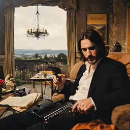 a man sitting in an armchair while holding a cell phone