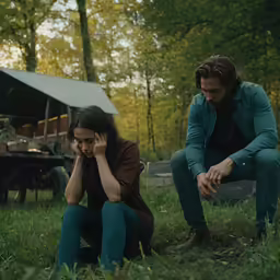 the man and the woman are sitting in the grass
