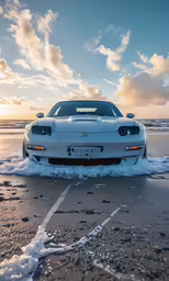 a car sitting in the middle of a lake covered with ice