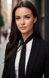 woman in black blazer and tie posing for camera