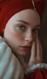 a young woman in a red headband holding her hands to her face
