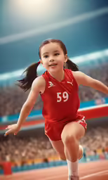 young girl running on a track in a stadium