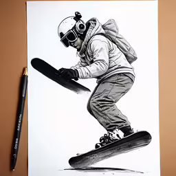 a drawing of a person in a winter coat riding a skateboard