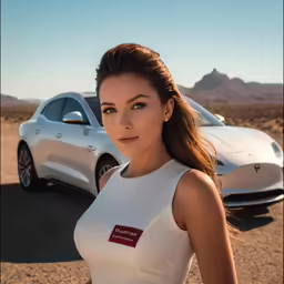 the woman is posing next to the car