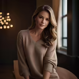 a woman in a brown sweater sitting on a bench