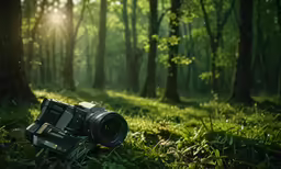 a film camera set up in the forest with sunbeams