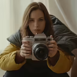 a girl in black pants and yellow jacket with a camera