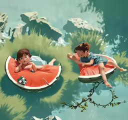 two children on floaties, with one boy sitting and the other girl standing