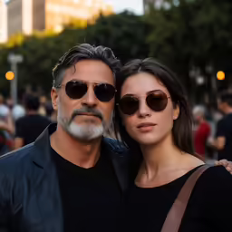 a man with grey hair and glasses, standing next to a woman in a black dress