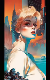 a woman in a futuristic city with an ocean background