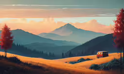 a van driving through a lush green field,an orange truck traveling through a green mountainous landscape