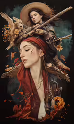 an oil painting of two women and a bird