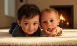 a young child laying on top of a white blanket next to a fireplace