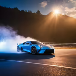 a blue sports car is driving down a road